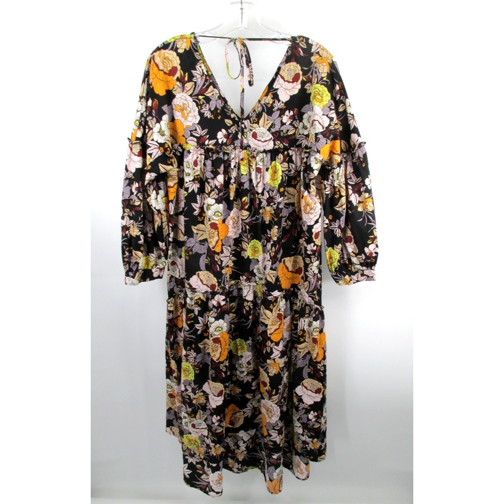 WHO WHAT WEAR Black Floral Midi Prairie Smock Dress Womens L Cottagecore Boho